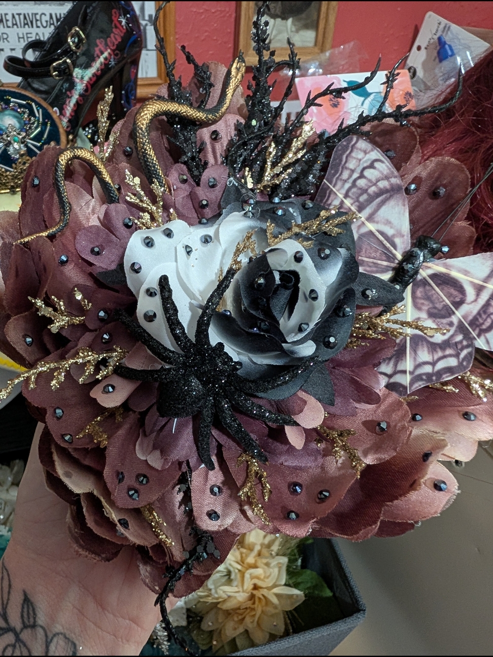 🖤✨Handmade Gothic Black & Mauve Floral Hair flower with Rhinestone Accents